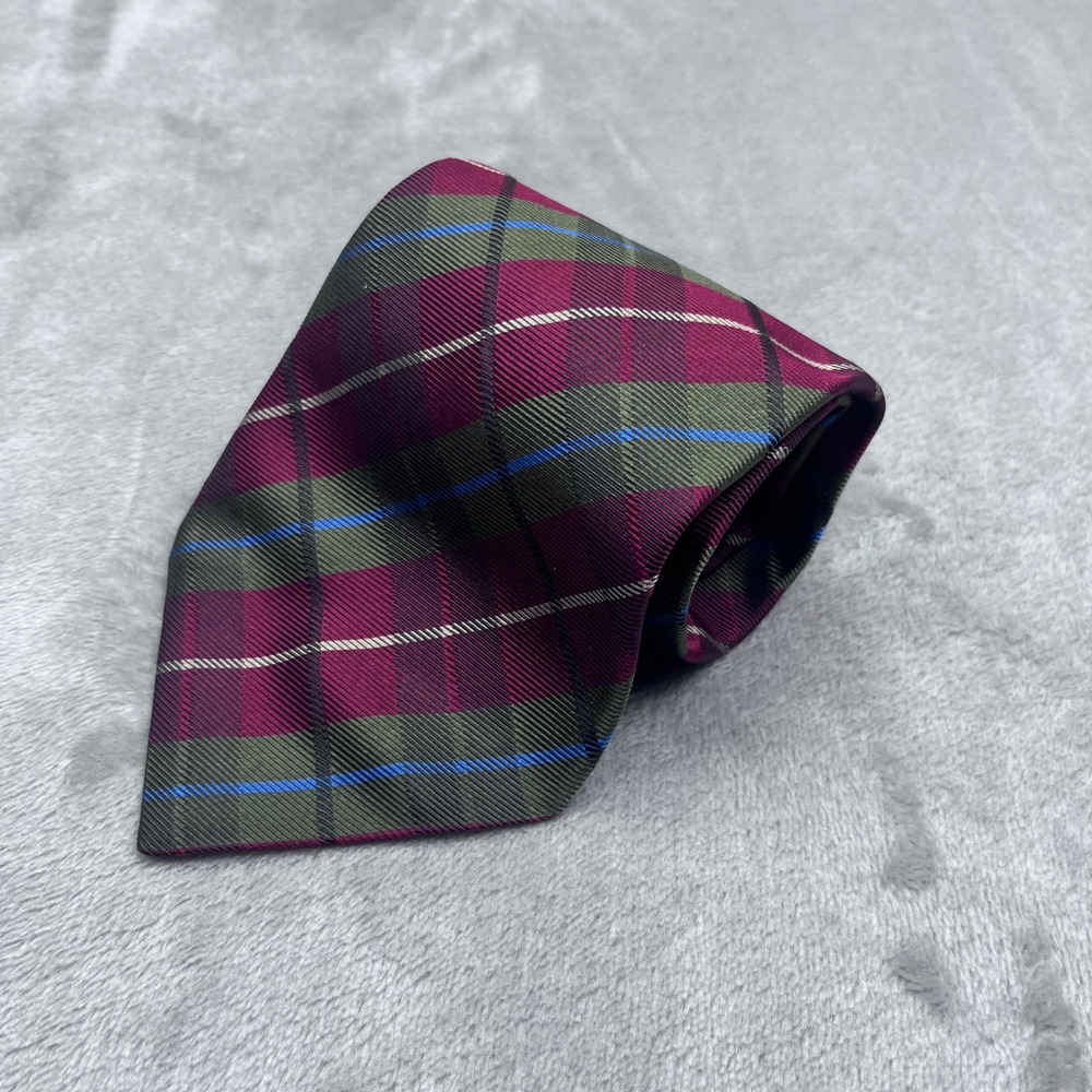 Nick‎ Hilton 1888 Silk Necktie Plaid Burgundy Green Blue Mens Fashion